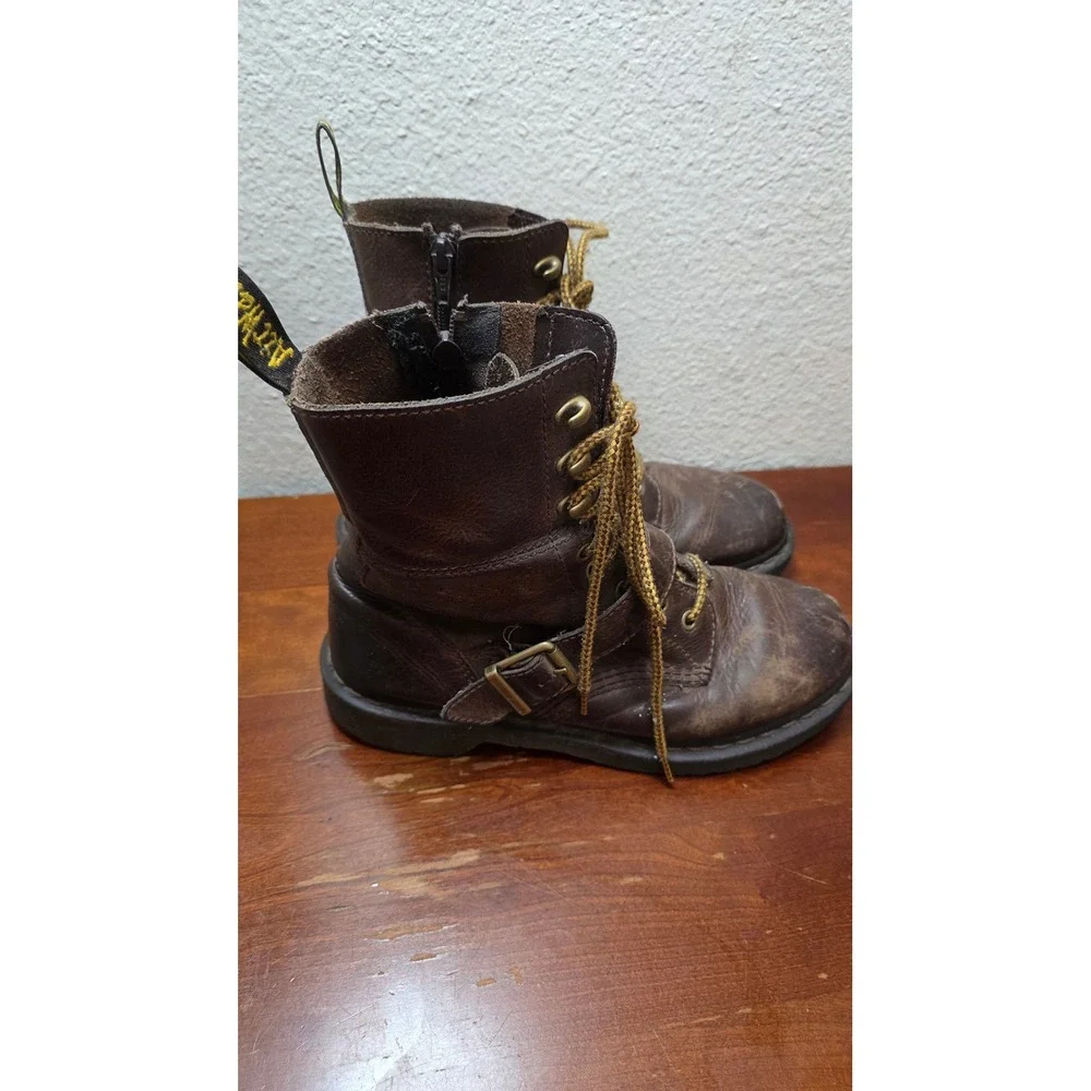 Dr. Martens Brown Leather Buckle Strap Side Zip Combat Boots Mens 8 Brown